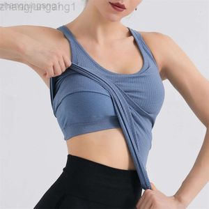 Desginer Lululemom Bras Lululemmon Ebb Logo Bande côtelée avec coussin de poitrine Gilet de sport pour vêtements d'extérieur pour femme Haute élasticité Dos à chevrons intégré