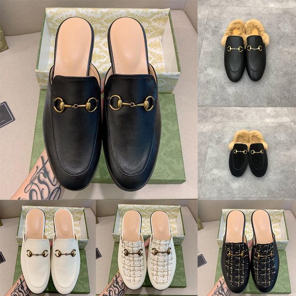 Desginer pantoufles laine femmes hommes Princetown mocassins classique boucle en métal broderie sandales chaussures en cuir demi pantoufle motif diapositives