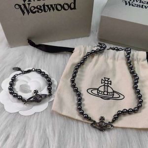 Desginer Viviane Weswoods sieraden keizerin Dowager Xis nieuwe diamant ingelegd zwart linnen grijze parel saturn ketting voor dames mode licht luxe hoog ver ver
