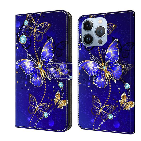 Étuis de téléphone de mode de concepteur pour iphone 15 Pro Max 14plus 13 12 téléphone portable luxe cristal papillon anti-goutte couvertures complètes fleur et herbe carte poche étui en cuir PU