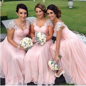 Design 2021 Modeste elegante roze A -lijn trouwjurken Cap Mouwen Lace Appliques kralen Chiffon vloer Lengte Junior bruidsmeisje Dressing Ppliques