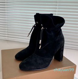 Jindian – bottes courtes noires à talons épais pour femmes, chaussures de fête à tête ronde, design d'automne, de haute qualité, chevilles froissées