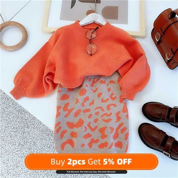 Diseño bebé niña otoño tejer suéter vestido naranja Navidad niña dos piezas Casual traje vestido niñas suéteres 211224