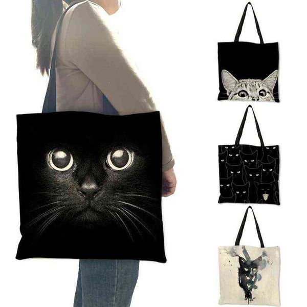 Bolsas de diseño Botas para mujer Sumi Black Cat Print Shopper Handbag Office Reutilizable Casual Hombro B06060