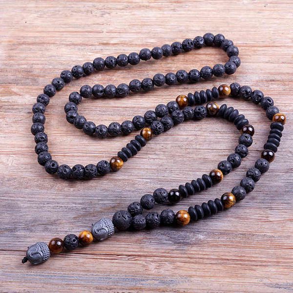 Collier de perles de bouddha en hématite pour hommes, Design noir, pierres BLava de 6mm, bois