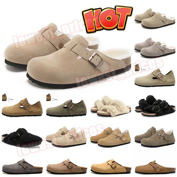 Diseño Bostons Zuecos Zapatillas Birkinstocks Sandalias Hombres Mujeres Chanclas Arizonas Corcho Suela plana Plantilla suave Piel Diapositivas Piel de oveja Gamuza Bostons Burkin Mocasines 36-45