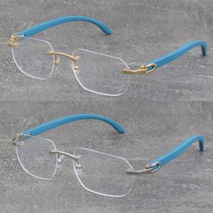 Ontwerp klassieke model randloze metalen blauwe houten frames transparant bedwelmy frame optische houten 18 k goud nieuwe frame mode hoge kwaliteit glazen 012 eyewear grootte: 58