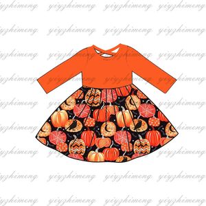 Costume de fille de mode design mignon Halloween robe imprimée citrouille orange à manches longues sur le style du genou pour enfants 240326