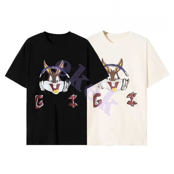 Diseño de moda de lujo para hombre camiseta de dibujos animados conejo auricular estampado cuello redondo manga corta verano camiseta suelta Top negro albaricoque