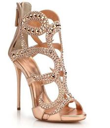 Design Fashion Open Women New Toe Rhinestone Stiletto Gladiator Cut out Crystal Gold High Heel Sandals Formal Dress Shoe