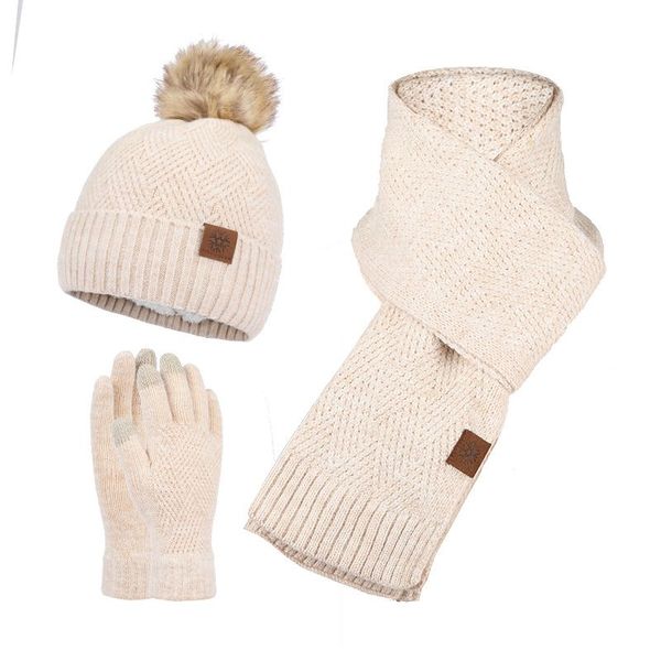 Design mode hiver tricoté écharpe chapeau gants ensemble épais chaud Skullies bonnets chapeaux pour femmes en plein air neige équitation fille 3 pièces ensemble