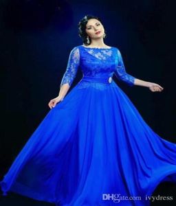 Design Formal Royal Blue Sheer Evening Jurken met 34 mouwen lange prom -jurken uk plus size prom -jurk voor dikke dames6565926