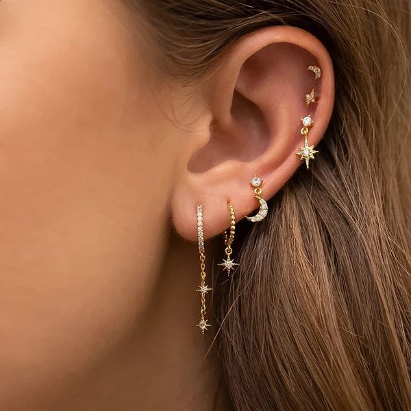 Ensemble de boucles d'oreilles couleur or pour femmes, ensemble de boucles d'oreilles en Zircon, étoile, lune, chaîne, Piercing, bijoux, vente en gros, 240312