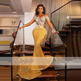 Ontwerp goud nieuwe pailletten prom jurken 2023 elegante kralen kristallen parels see-thru mouwen formele avond verjaardagsfeestjurken gewaad de soiree