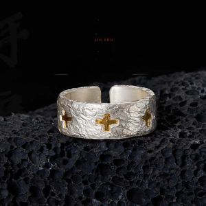 Ontwerp handgemaakte ring voor heren 99 sterling zilver hamerpatroon kruisset met gouden voedselring enkele ring