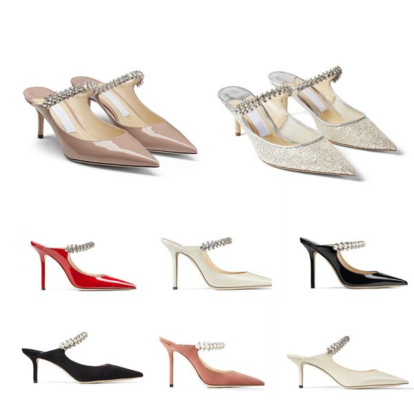 Diseño Tacones altos Sandalias de mujer Vestido de novia Tacones Correa de perlas de cristal Bombas para mujer Punta del pie Sexy Lady Zapatos para caminar Tamaño EU35-41Con caja