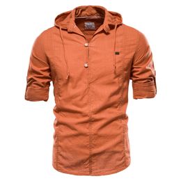 Camisa de lino de manga larga con capucha de diseño para hombre, camisa pulóver de calidad de algodón 100% de Color sólido para hombre, ropa de calle, camisas para hombre 220704