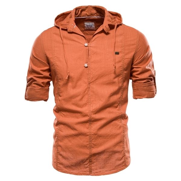 Conception à capuche à manches longues chemise en lin hommes couleur unie 100% coton qualité pull chemise pour hommes Streetwear hommes chemises 210708