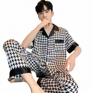 Ontwerp Houndstooth Pyjama Mannen Ijs Zijde Pyjama Set Jeugd Homewear Tiener Nachtkleding Lg Mouw Pak Nachtkleding-Set Mannelijke i69E #