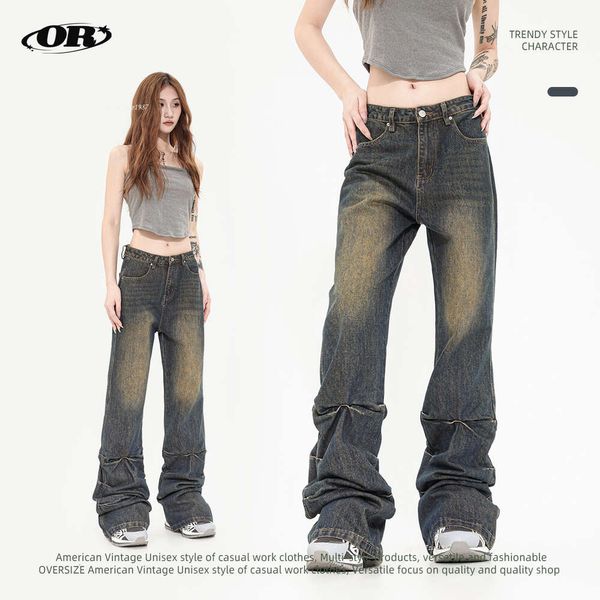 Design Jeans Sense plissé américain à la mode Style rétro jean coupe ajustée Micro jean évasé pour les femmes
