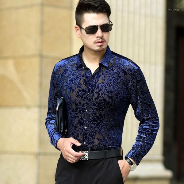 Diseño Hombre Casual Ver a través de camisas Hollow Floral Ropa de manga larga para hombre Sexy Transprant Camisa de vestir para hombre