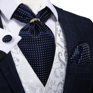 Design Men Silk Cravat Navy Dot Formele ascot tie zakdoek set met ring bruiloft zelftrekmiddel dibangu240409