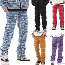 Design Mens Patch Jeans Streetwear Fashion Man Straight Ripped Empiled Jeans for Men Clothing 240511