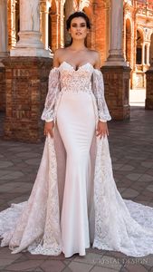 Design Mermaid Crystal Jurken met afneembare lange mouwen Sweetheart Court Train Lace Appliques Wedding Bridal Jurns