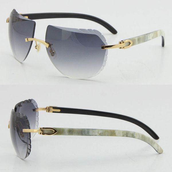 Diseño Original Blanco Interior Negro Cuerno de búfalo Rayas verticales Gafas de sol Hombres Lentes de corte de diamante Sin montura Gafas de sol Mujeres 18K Oro Marcos masculinos y femeninos Tamaño: 62