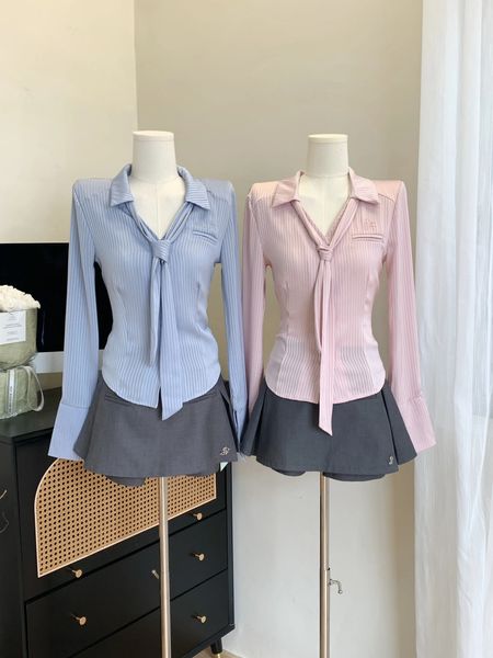 Design Pure Diry Satin Silk Smooth Skirt Shirt Long Mancheve Womens Top Versatile Blue Rose Fashion 240426