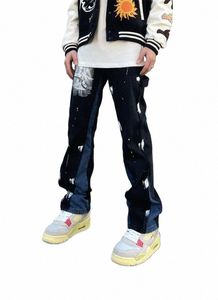 Design sense spl encre graffiti jeans high street vibe pantalon hommes couture droite lâche noir américain lg pantalon marée X07T #