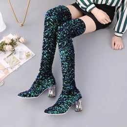 Design Sequined 91 Sexy Brand Round Head Contrasting Color Elastic Thin Punk Style Knee Large Size High Heel Catwalk Boots 231219 84920