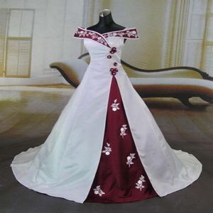Ontwerp Witte en Rode Trouwjurken Off Shoulder Bloemen Applique Satijn A-lijn Bruidsjurken vestido de noiva Custom W114247r