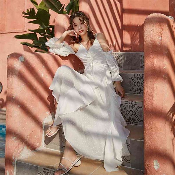 Diseño blanco moda vestido largo maxi playa vacaciones mujer verano viaje volantes manga corta correa de espagueti vestido niña 210601