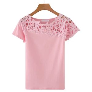 Design blanc t-shirt femmes évider dentelle dames haut d'été coréen femmes vêtements couleur unie à manches courtes décontracté XS