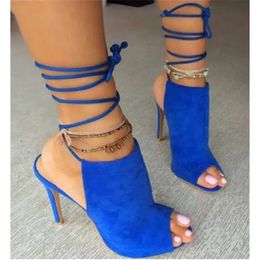 Design Women Brand Fashion Peep Toe Suede Leather Stiletto Gladiator Blue Laces-Up Out Hi 3D7