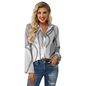 Ontwerp Dames Kantoor Blouse Turn Down Collar Lange Mouw Plus Size Kleding Ketting Print Shirt Womens Tops en Blouses 210608