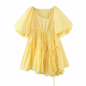 Diseño Mujer Amarillo Cordón Vestido asimétrico Mujer Verano Puff Manga suelta Tallas grandes Vestido 210514