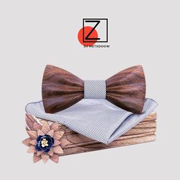 Diseño de pajarita de madera para la boda Solid Plaid Pocket cuadrado Gematinles Broche Bowtie Set Mens Hanky Ties Cadeau Homme 240415