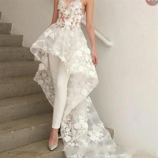 Conçu Floral Appliques Robes De Mariée 2019 Sweetheart Cou Femmes Pantalon Costume Plage Robes De Mariée Balayage Train Avec Des Fleurs Formal272a