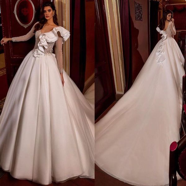 Vestido de novia blanco diseñado por encargo cuello en V manga escalonada una línea vestido de tren largo vestidos de novia de la iglesia