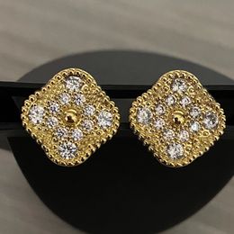 Ontwerper 15MM breed maken van Sterling Sier Plated Gold Stud Earring voor vrouwen Chalcedoon Diamond Four Leaf Clover Oorbellen Sieraden