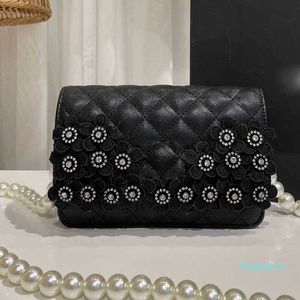 Diseñador- 19 cm Bolsas con solapa para mujer Patrón de flores negras Decoración Bolsos Cadenas de cuentas Cadenas Bolso Bolso bandolera