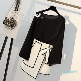 Designer-2021 automne femmes Slash Off épaule longue t-shirt élégant ourlet irrégulier jupe costumes mode femme bureau travail grande taille ensembles