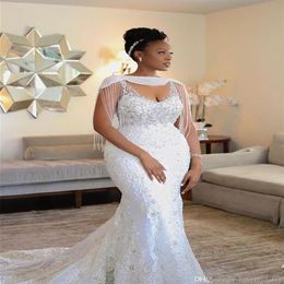 Diseñador 2021 Sirena Vestidos de boda con envoltura Rebordear Encaje de cristal Apliques Vestidos de novia sexy Sudafricanos Tallas grandes Matrimonio 208v