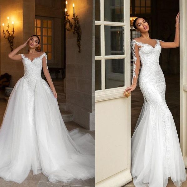 Diseñador 2021 Sirena Vestido de novia Faldas de encaje blanco Tren desmontable Vestidos de novia Joya Cuello Rebordear Manga larga Magníficos vestidos de matrimonio