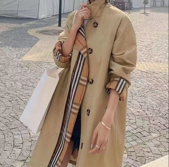 Designer Trench Coat European and American Luxury Plaid Style Fashion Stitching Fake Two Loose Dames Mid-Length Trench Coats