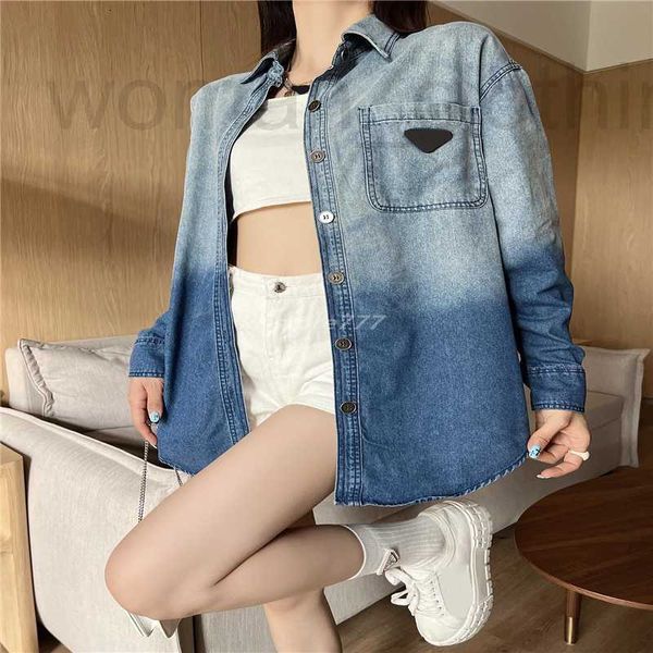 Designer 2022 Femmes Denim Tops Chemises Blouse avec lettres Motif Femme Milan Runway Triangle Signe Chemise à manches longues X2Q3