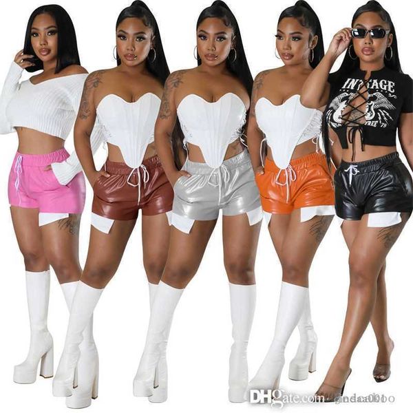 Designer 2023 nouvelles femmes en cuir PU Shorts été mode contraste couleur taille haute sac hanche collants décontracté pantalons courts