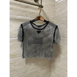 Designer 2024 Nieuwe Vrouwen Driehoek Patroon Korte Mouw Hollow Out Casual Top Mode O-hals See Through Losse Dame Sexy tee